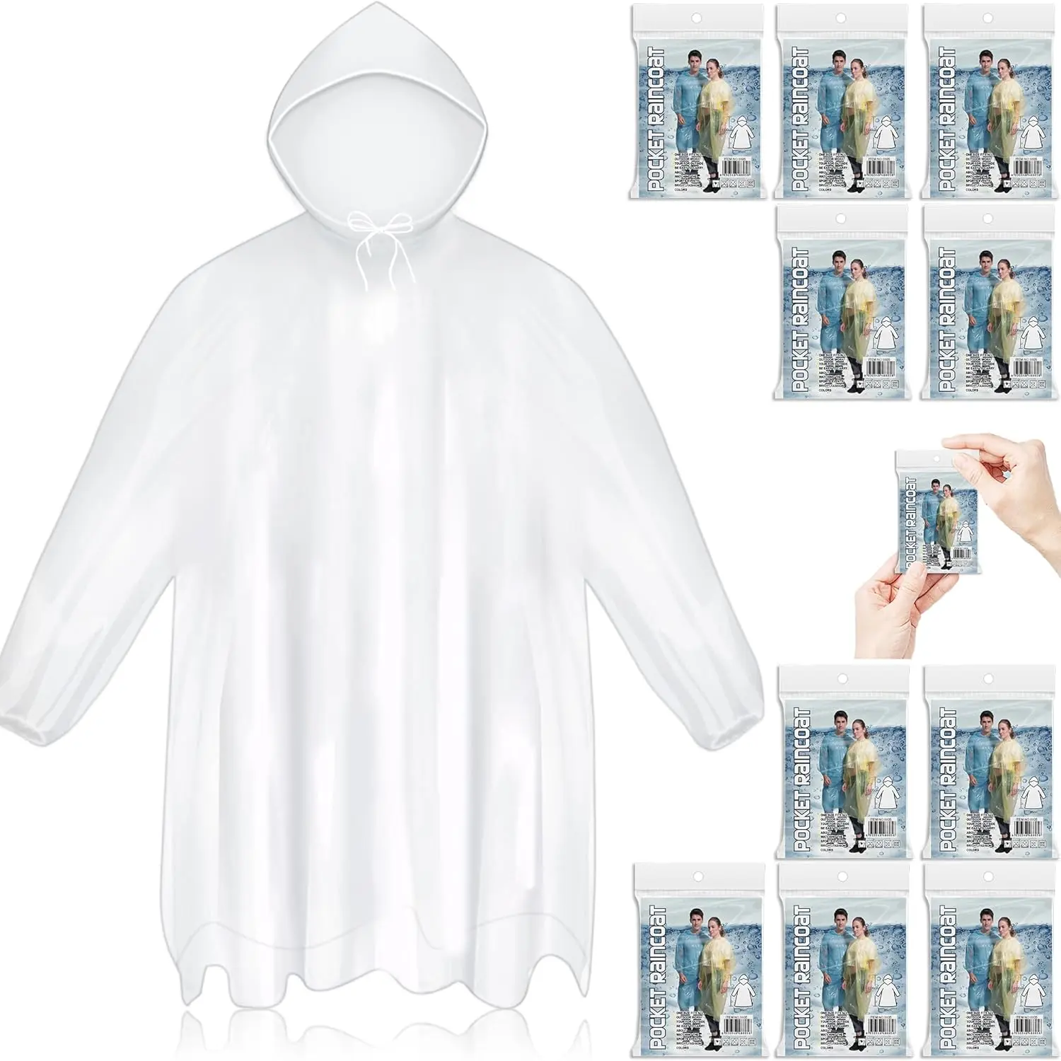 10-Pack Unisex Vinyl Rain Ponchos - 1-Size Adult Hooded, Waterproof, Compact, Tear-Resistant Disposable Pullover, Full Coverage Emergency Card-Sized for Motorcycle Adventure & Outdoor Use