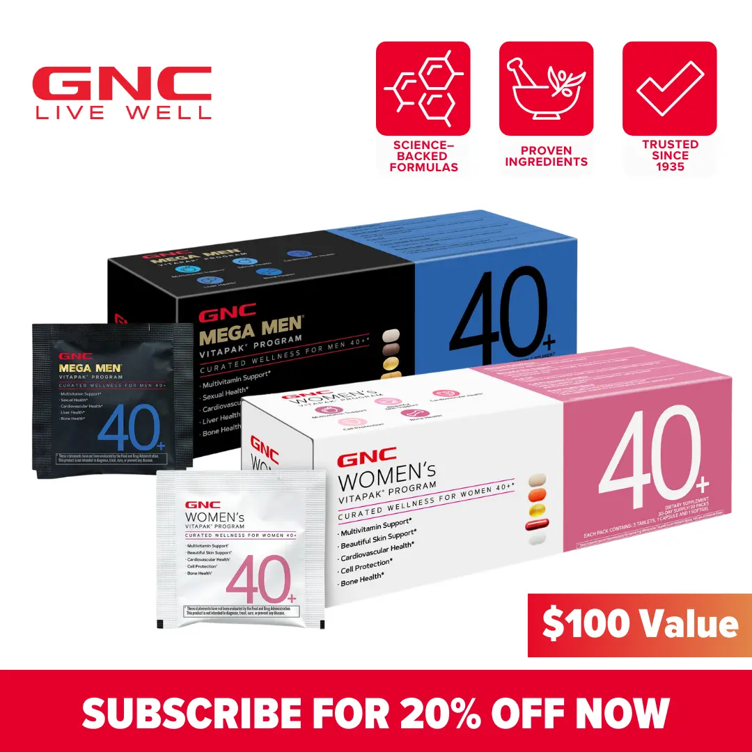 2 Boxes of GNC 40+ Vitapak: Curated Supplements for Women/Men 40+,Stress Support,Bone Health & Omega-3s, Healthcare, Dietary Supplement, Overall Wellness, Fitness