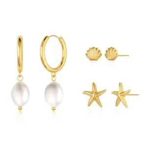 TEWIKY 14K Gold-Plated Earrings Set of Three Smooth Hoop with Freshwater Pearl Starfish & Shell Studs Valentine's Day Gift for Various Occasions, Elegant Design