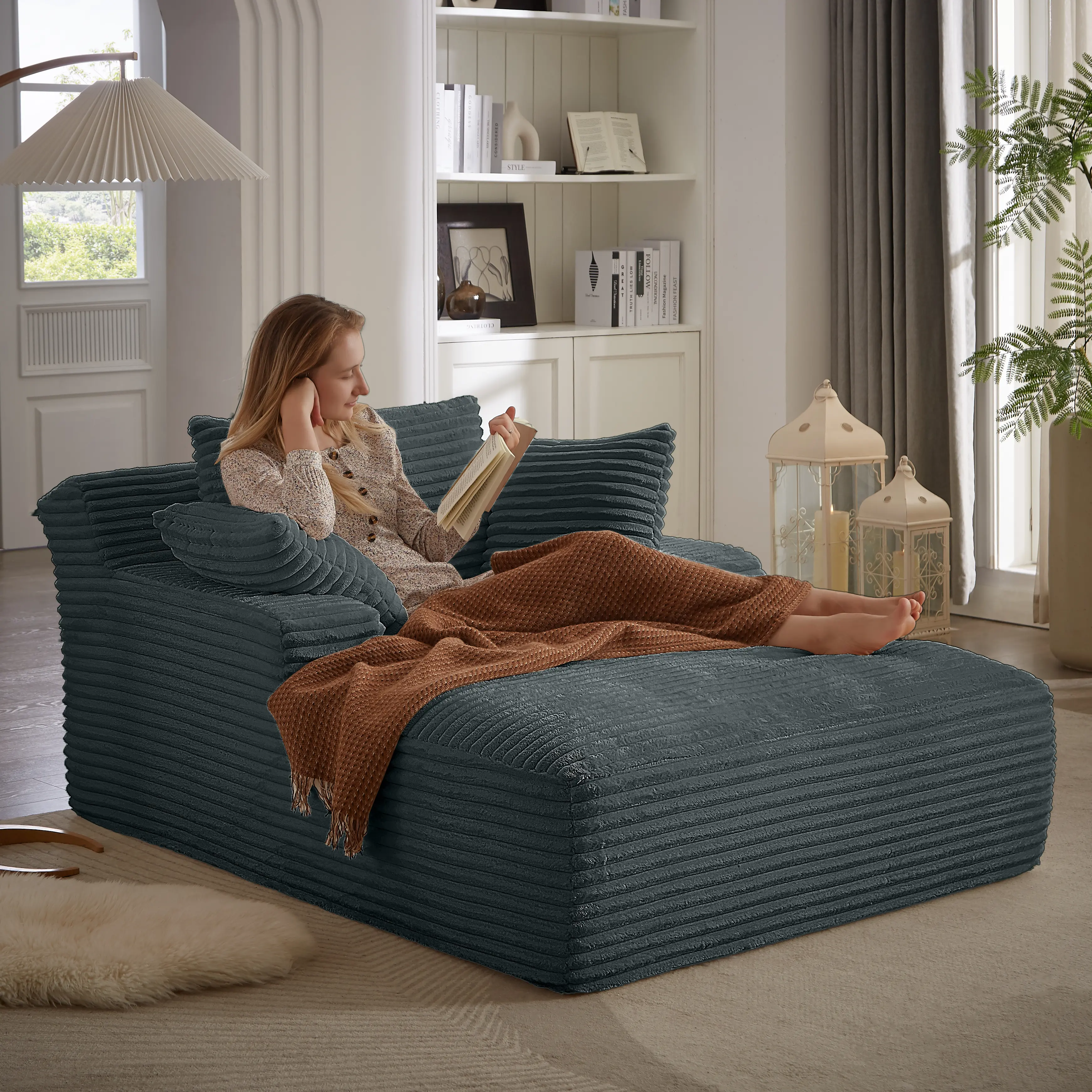 Oversized Chaise Lounge Chair Indoor, Corduroy Upholstered Modern Sofa Couch,No Assembly Required,Comfy Sleeper Sofa for Living Room, Office
