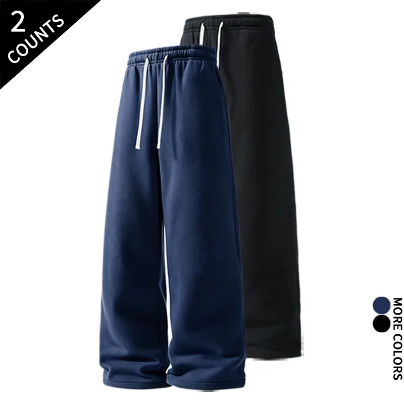 2‑Counts Men Oversized Wide Leg Jogger Pants Solid Tone Elastic Drawstring Waist With Pockets For Daily Street Workout Home Lounging Wear
