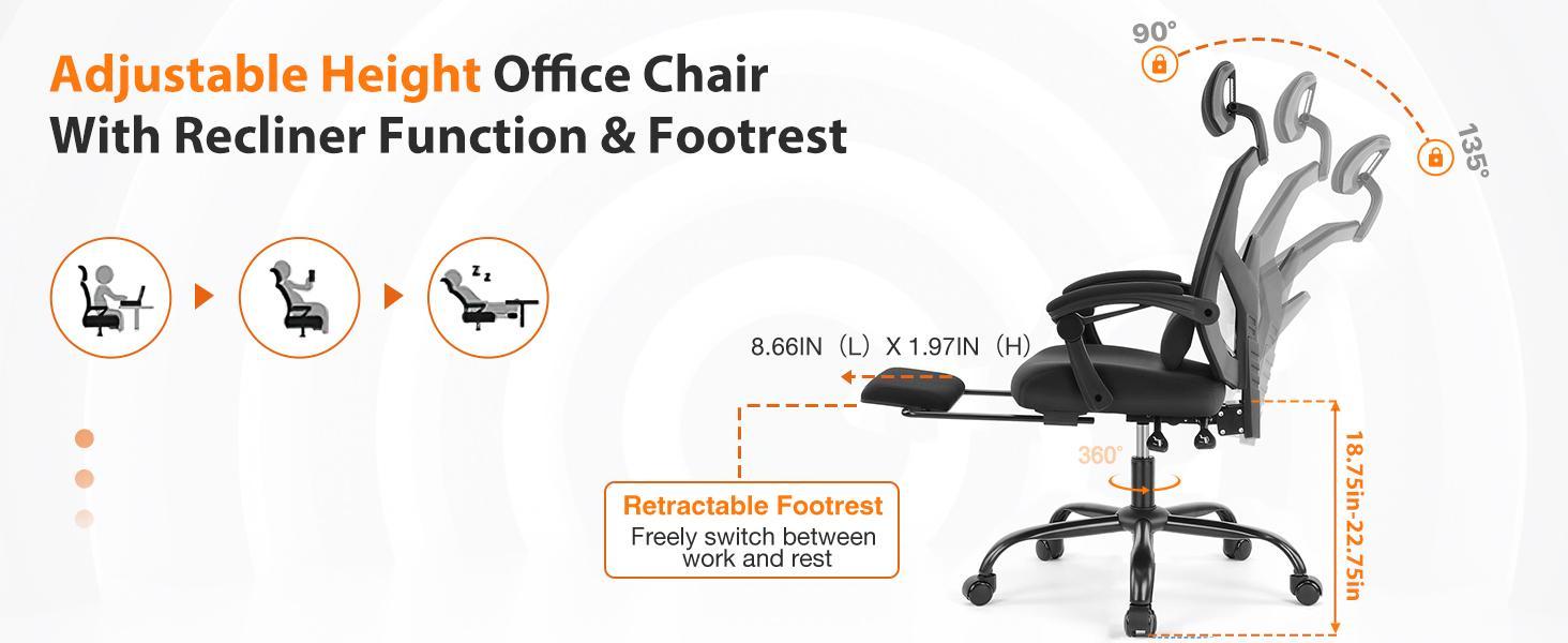 Ergonomic Office Chair with Foot Rest and Adjustable Headrest, Mesh Swivel Rolling Task Chair, Height Adjustable, Office Gifts