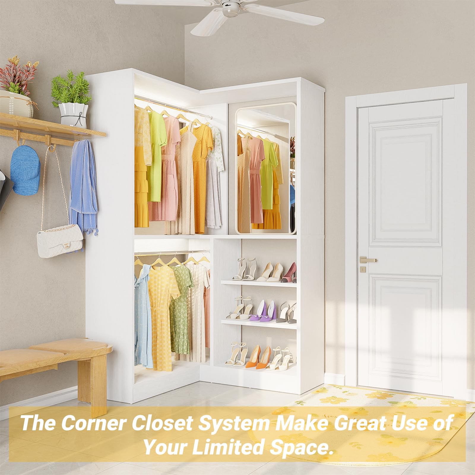 Corner Walk-In Closet Organizer System Set, 36 Inch Large Freestanding Closet Organizer System with 2 Hanging Rods and Storage Shelves, Sturdy Walk-in Closet Tower, White Freestanding Closet with Drawers and Rod for Organized Storage