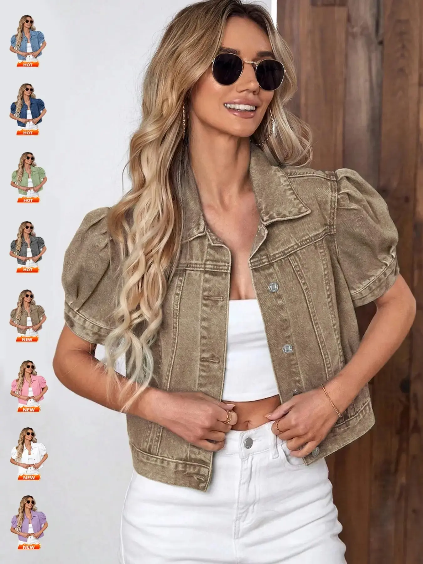 Women's Vintage Bubble Sleeve Light Wash Denim Jacket, Summer Lightweight Thin High Waist Crop Top, Casual Fashionable Fit Short Cropped Jean Coat for Women