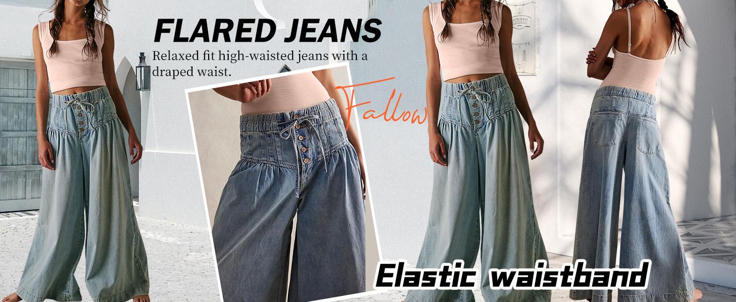 CHARTOU Women's Baggy Wide Leg Denim Pants Drawstring Midi Waist Flare Jeans Ruffle Pleated Button Jeans CHARTOU Women's Baggy Wide Leg Denim Pants Drawstring Midi Waist Flare Jeans Ruffle Pleated Button Jeans