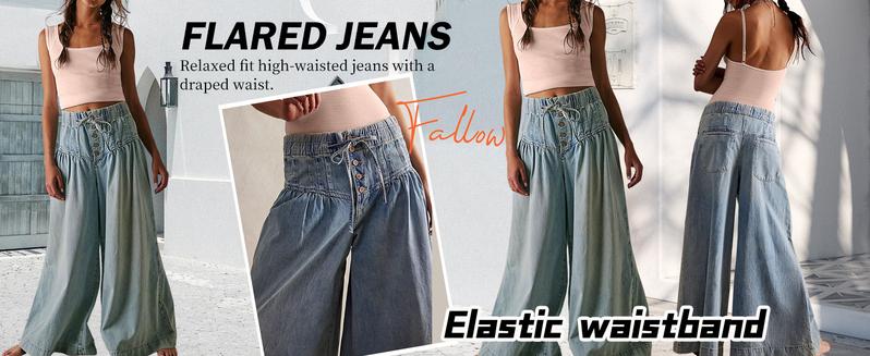 CHARTOU Women's Baggy Wide Leg Denim Pants Drawstring Midi Waist Flare Jeans Ruffle Pleated Button Jeans