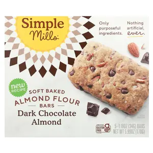 Simple Mills Soft Baked Almond Flour Bars, Dark Chocolate Almond, 5 Bars, 1.19 oz (34 g) Each
