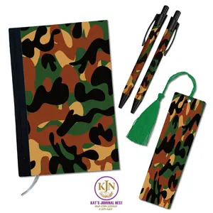 Hide & Hue Camo Print Personalized Journal Essentials Bundle – Fabric Hardcover Notebook with Pens & Tassel Bookmark  Kat’s Journal Nest
