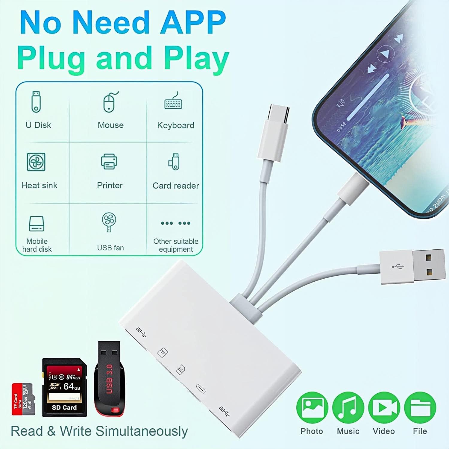 5-in-1 SD Card Reader for iPhone,USB C Lightning USB A Connector to SD/TF Card Reader & USB OTG Adapter for iPhone/iPad/PC/Android/Camera/USB C & A Devices,Supports SD/Micro SD/SDHC/SDXC/MMC Plug and Play 5-in-1 SD Card Reader for iPhone,USB C Lightning USB A Connector to SD/TF Card Reader & USB OTG Adapter for iPhone/iPad/PC/Android/Camera/USB C & A Devices,Supports SD/Micro SD/SDHC/SDXC/MMC Plug and Play