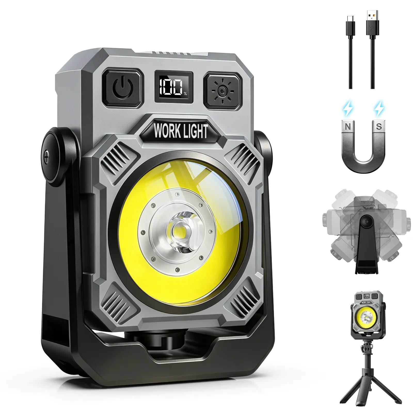 5200mAh Magnetic Rechargeable Work Light - 2000LM LED Mechanic Light with 5-50H Run Time, Power Display, Stepless Dimming, 360° Rotatable Design for Car Repair, Outdoor Use, Rechargeable Lighting