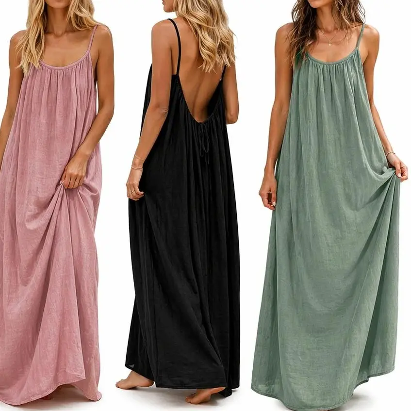Women’s Backless Maxi Dress Spaghetti Strap Loose Flowy Summer Beach Vacation Dress,travel essentials,camping essentials