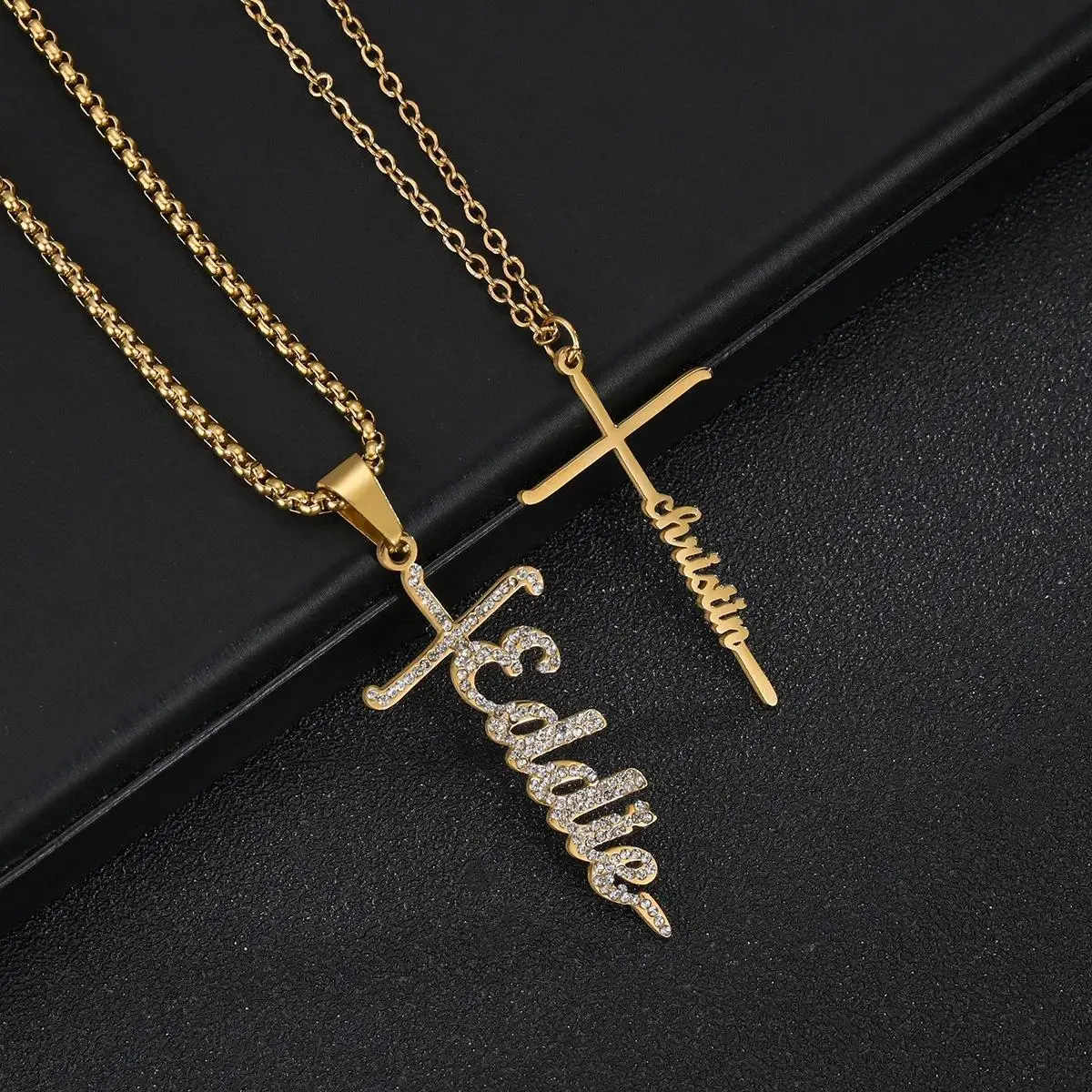 Personalized Custom Engraved Name Crucifix Necklace for Women - Stainless Steel Crystal Zircon Pendant, Decorative Engraving Necklaces for Faith-Focused Wear, Crucifix Necklaces