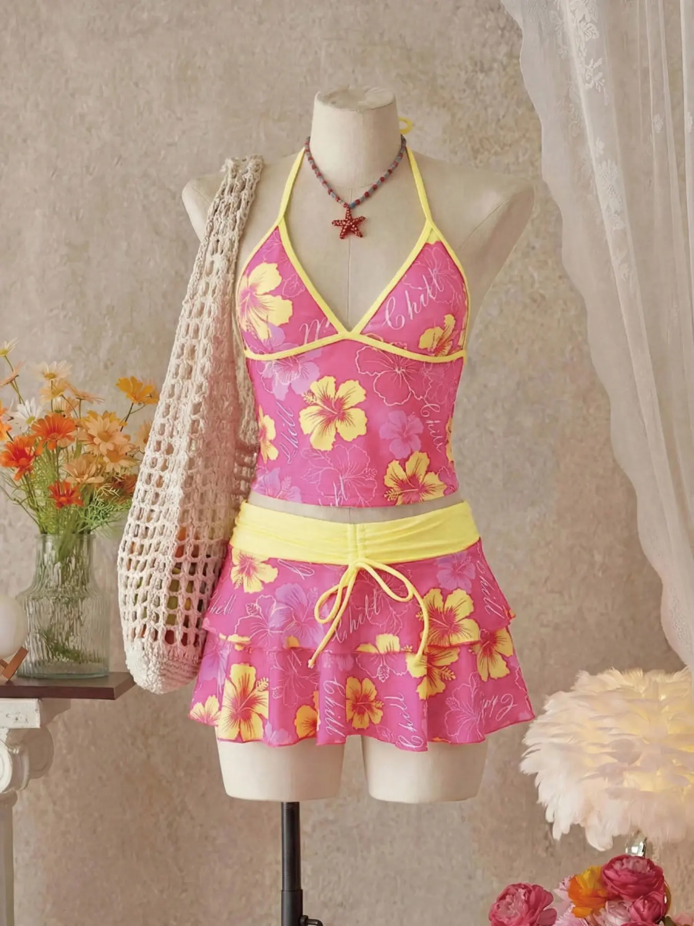 Women's Summer Beach Festival Print Halter Bikini Set, Casual Vacation Style, Fitted Tank Top and Skirt Three-Piece Suit, Summer Swimsuit, Swimwear Sets, Swimsuit Beachwear, Bathing Suit Set, Swimsuit For Beach