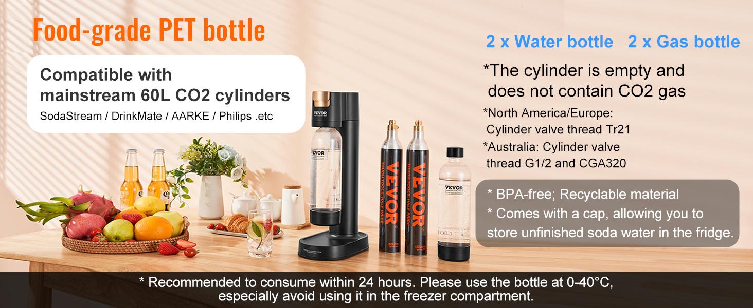 VEVOR Sparkling Water Maker,  Soda Maker Machine for Home Carbonating, Seltzer Water Starter Kit with 2 BPA-free 1L PET Bottles, 2 CO2 Cylinders, Compatible with Mainstream Screw-in 60L CO2 Cylinder