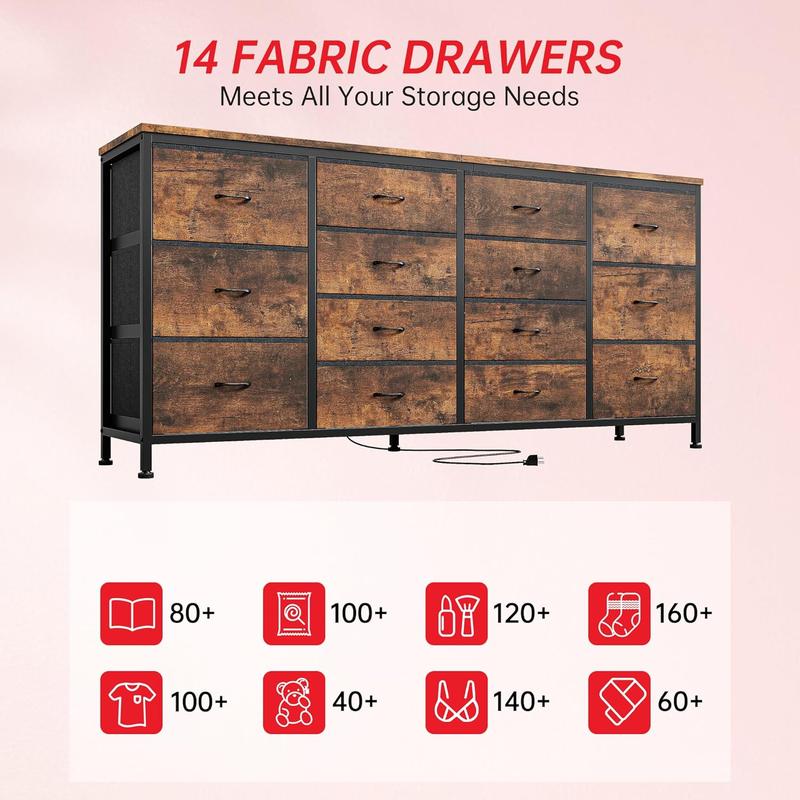 14 Drawer Dresser, 63 in Fabric Dresser TV Stand with Power Outlet for 65 70 75 in TV, Long Entertainment Center for Bedroom, Closet, Living Room, Entryway