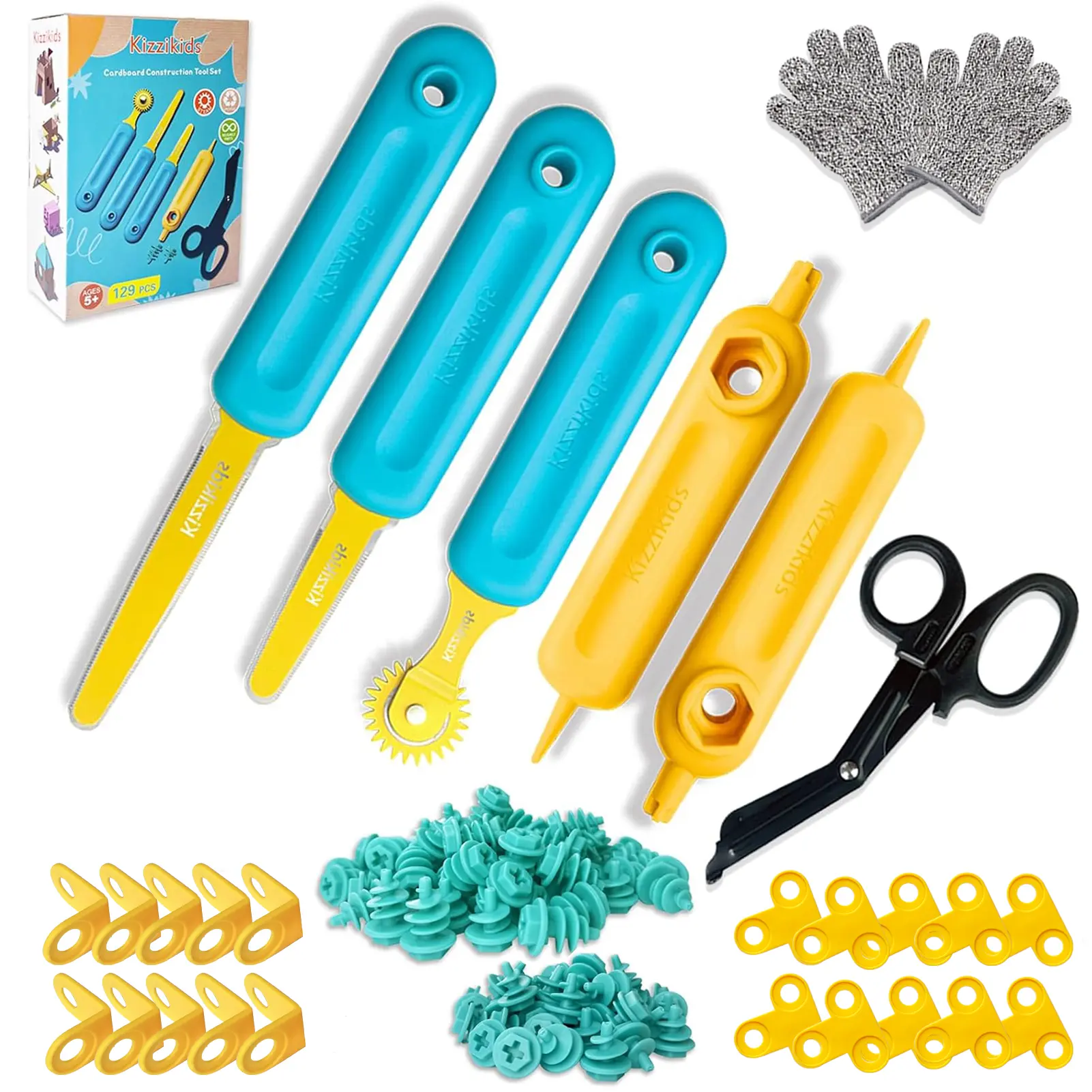 Kizzikids Kids Cardboard Construction Tool Kit - STEM DIY Creative Kit for 5+ Years & 12 Months, 149 PCS Craft Set with Hole Punch, Cardboard Cutter, 10 90° Connectors, 60 Screws for House Decoration, Creative Kits, Ages 5+