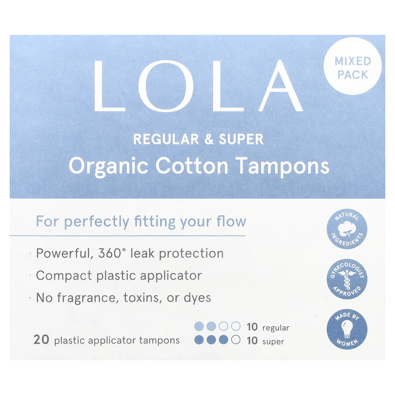 Lola Organic Cotton Tampons with Plastic Applicators, Regular & Super, 20 Tampons