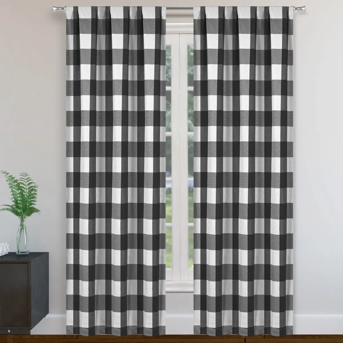 Home Textile LANGSTON 16620D-12 Buffalo Plaid Gingham Checkered Room Darkening Thermal Rod Pocket Window Curtains for Living Room & Bedroom Panels - 38 x 96 in. - Black - Set of 2