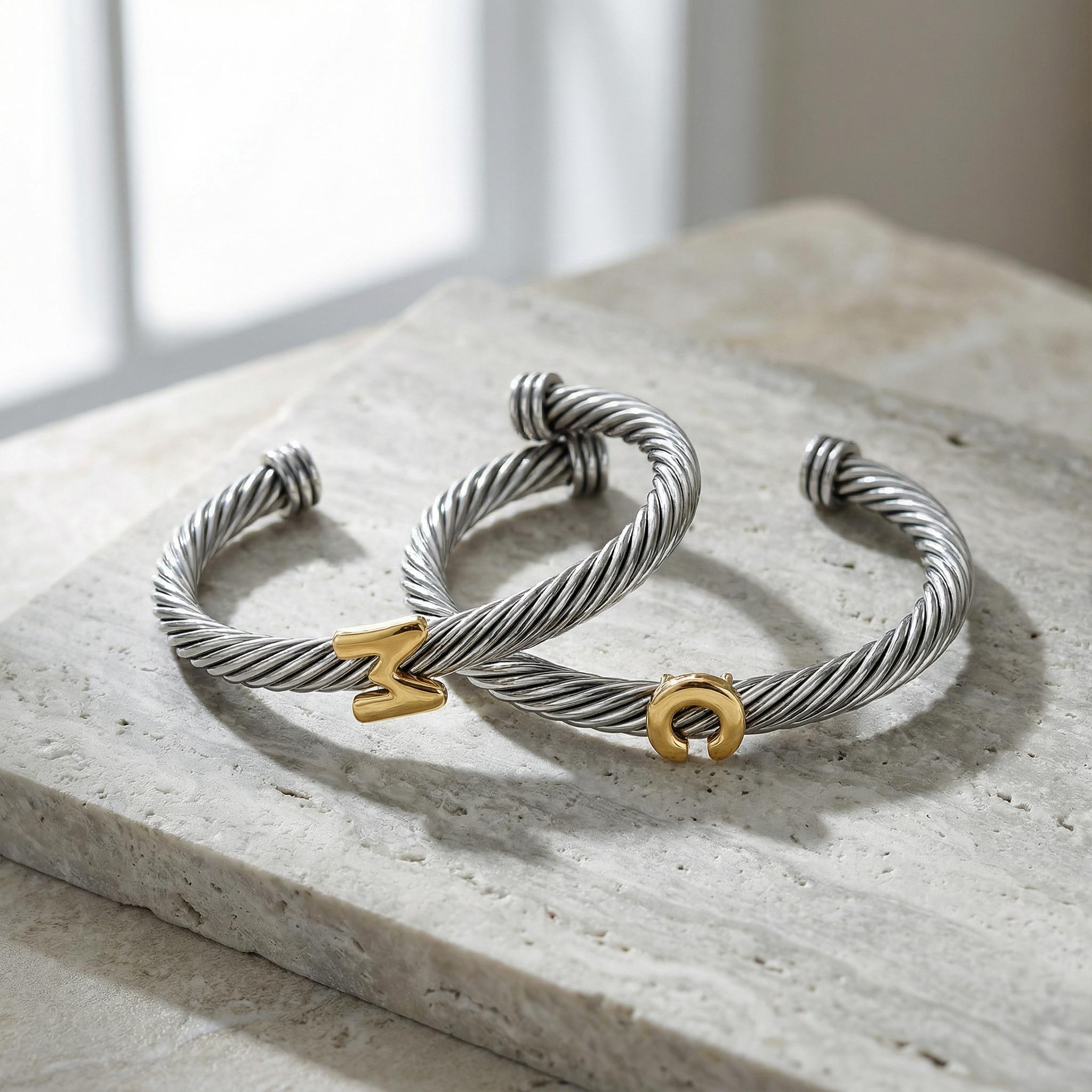 Aprilery Initial Personalized Customization DIY A-Z Letter Cable Cuff Jewelry – Personalized Gift for Women Teen Kids, Two-Tone Open Bangle Bracelet