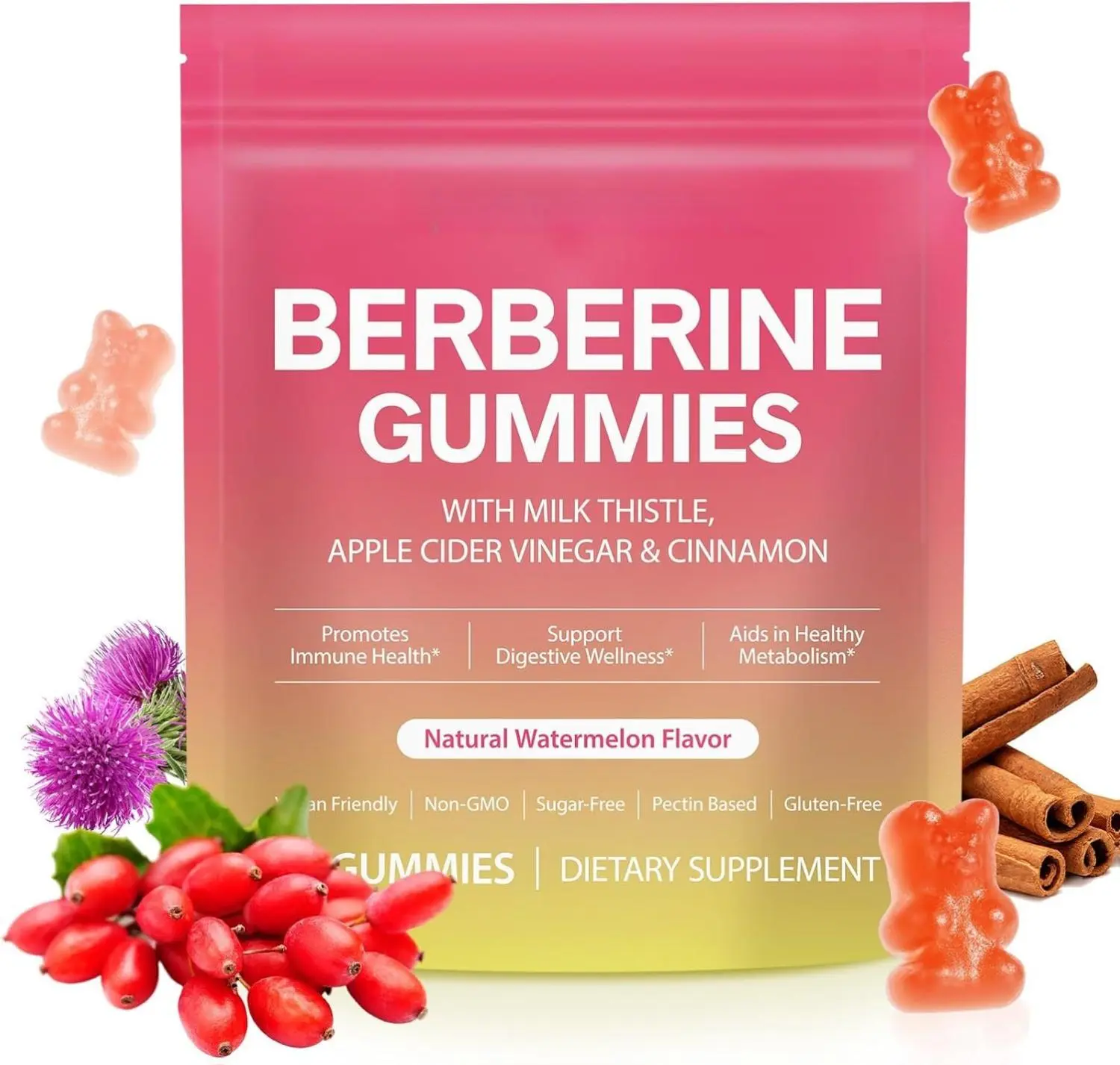 Vegan & GF Chewable Berberine Complex Gummies with Ceylon Cinnamon, Milk Thistle, ACV, Watermelon - Sugar-Free Dietary Supplement for Metabolism, Energy Boost, Gut Health Boost