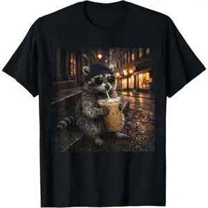 Women's humorous raccoon enjoying iced coffee in a cool, anthropomorphic style Graphic T-Shirt - Short Sleeve Crew Neck Regular Fit Casual Wear | Soft & Breathable Fabric, Durable Print, Everyday Comfort, Machine Washable