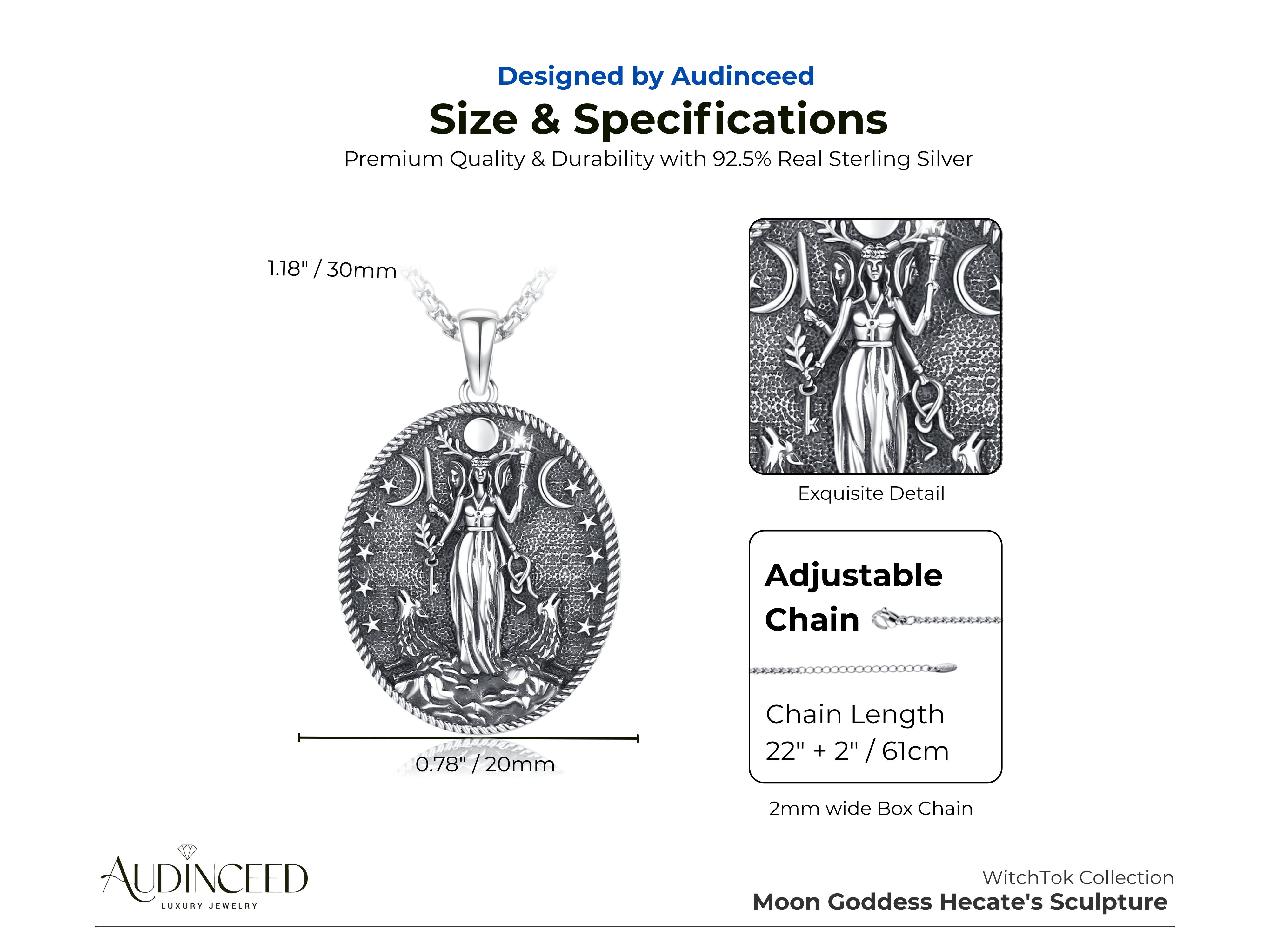 Audinceed Hecate S925 Sterling Silver Necklace, Witchtok Collection Hecate Hekate Luxury Triple Moon Goddess Pagan Wiccan Magic Silver Necklace Pendant Blessed Amulet Jewelry Gift for Women Men