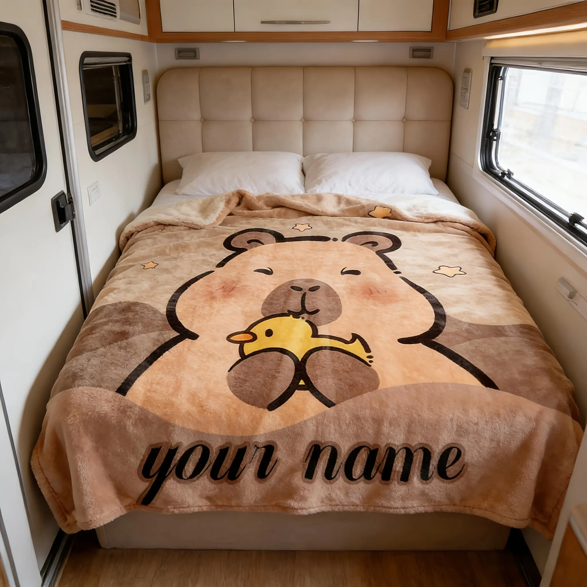 Warm and cozy flannel printed blanket. Custom text design. Adorable cartoon animal capybara pattern. Perfect for sofas, beds, offices, dorms, and camping—ideal as a gift for couples, families, or pet lovers. A perfect all-season gift blanket.