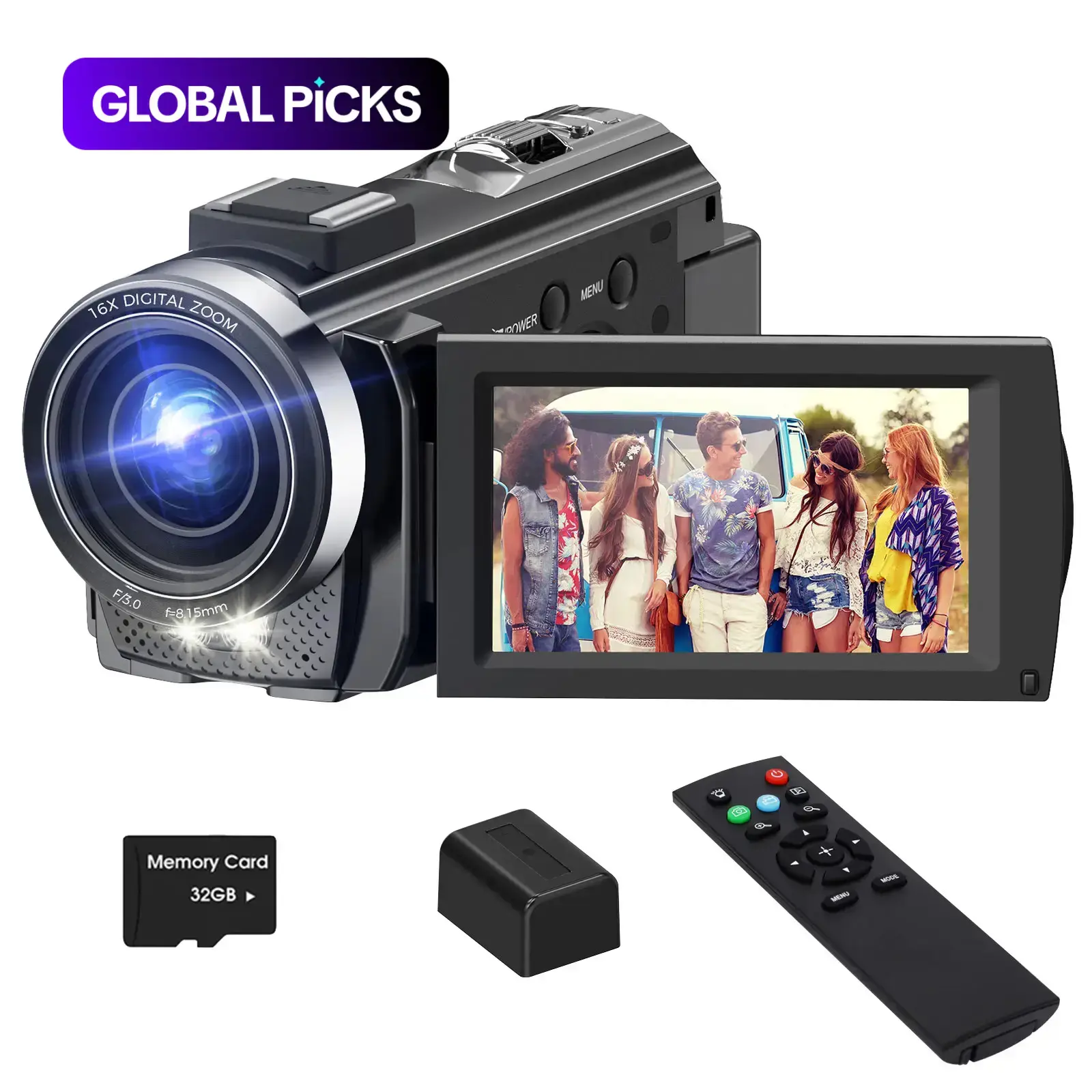 DVC Camera, Full HD 1080P Video Recorder, Portable Camcorder with 3-Inch TFT LCD Screen, 270° Rotating IPS Display, Remote & 32GB Memory Card, Video Camcorders, Vlogging Camera #GLOBAL PICKS