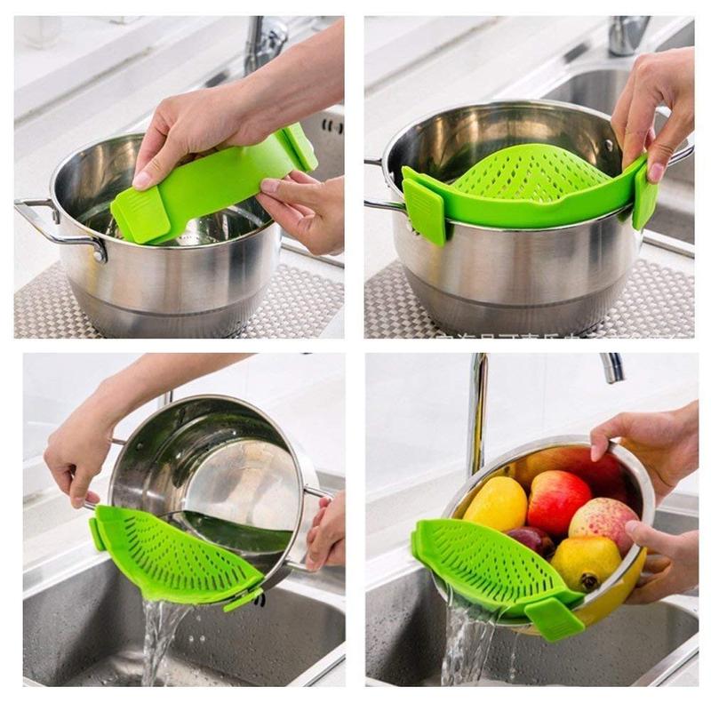 Heat-Resistant Silicone Clip-On Colander Quick Draining for Vegetables Pasta Noodles Kitchen Gadgets for Bowl Pots Pans Utensils Kitchenware