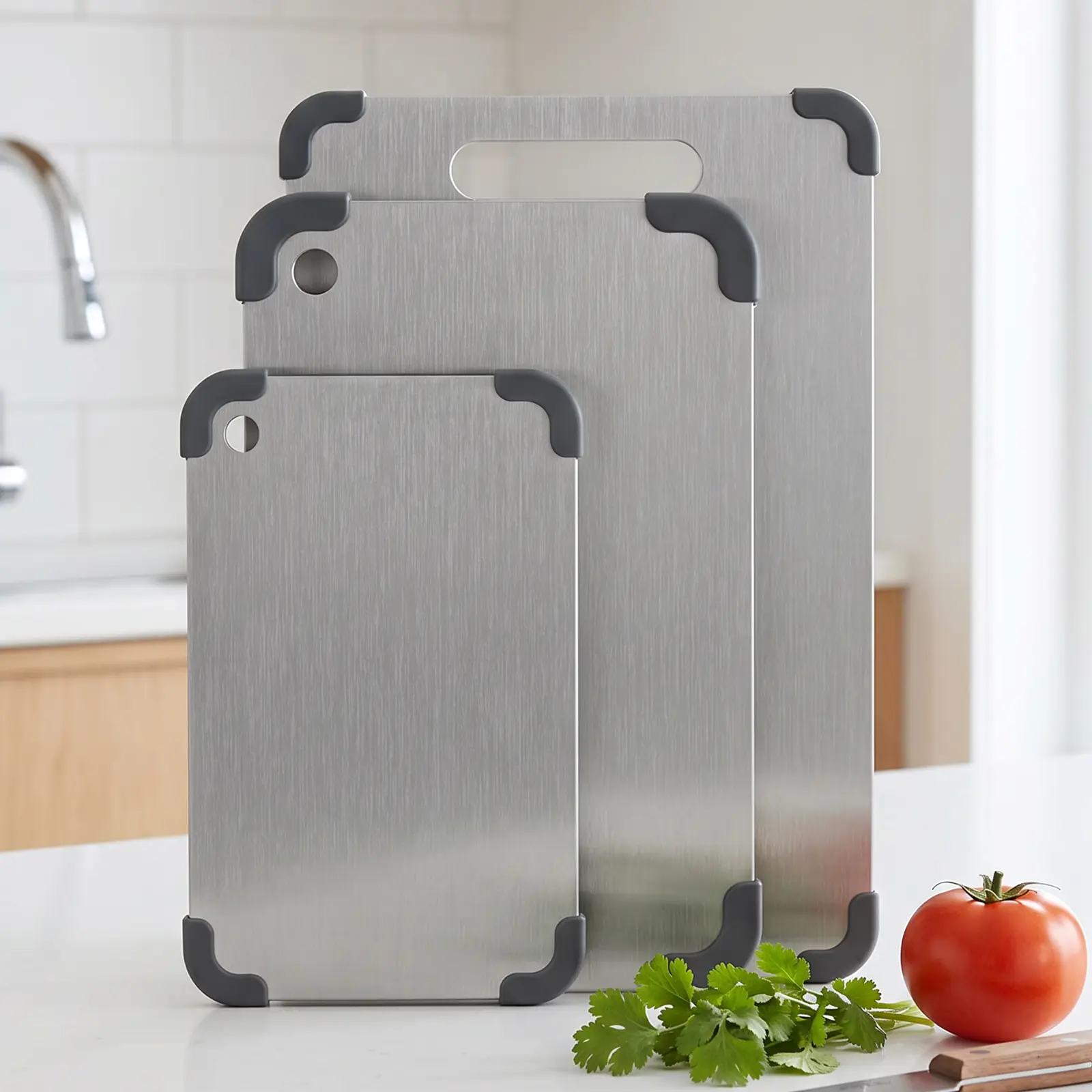 LOVEWE 3-Size Stainless Steel Chopping Board & Knife Set - Anti-Slip Scratch-Resistant Countertop Chopping Boards with Silicone Edge, Easy-Clean Surface, Ideal for Daily Kitchen Cooking