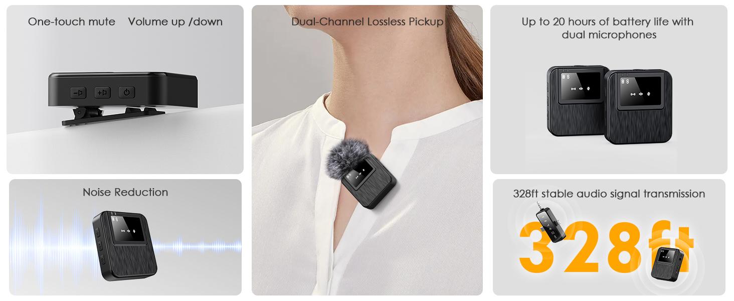 3-in-1 Wireless Microphone for iPhone, Android, Camera - 328ft Long Range, 20H Battery Life,Lapel Mic with AI Noise Reduction for Video Recording, YouTube, TikTok