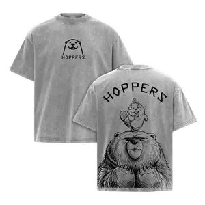 Hoppers Movie Fan Art Graphic Oversized Hoodie Sweatshirt Tee in Vintage Washed Grey Acid Wash, Cute Bear and Beaver Cinematic Illustration, Streetwear Aesthetic Apparel for Men Women