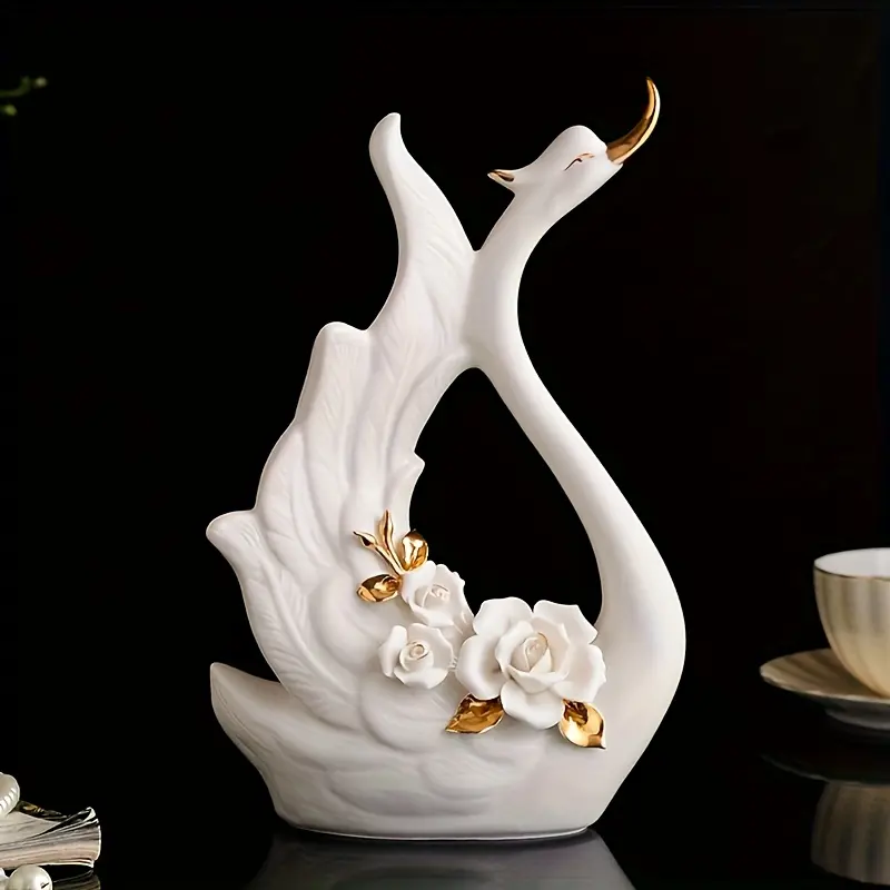 Handcrafted Artistic Porcelain Swan Couple Statues - European-Style Light Luxury Glam Geometric 3-Dimensional Cabinet Decoration, Ideal for Living Room, Perfect Mother’s Day Gift, Solid Texture, Ceramic Home Decor Figurine