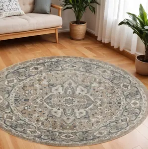 HomeRoots 545144 10 ft. Round Medallion Power Loom Distressed Area Rug, Beige & Gray