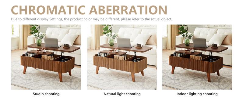 Giratree Fully Assembled Wooden Center Table, Fluted Lift Top Coffee Table with Hidden Compartment, Modern Oval Lift Tabletop for Home Living Room Office