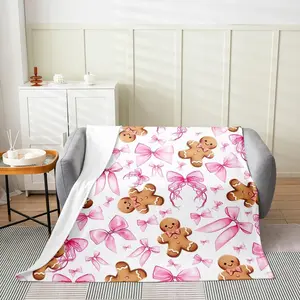 Aura Blankets Pink Bowknot Flannel Fleece Throw Blanket Gingerbread Man Fuzzy Blanket Twin for Sofa Couch Room Decor Merry Christmas Dreamy
