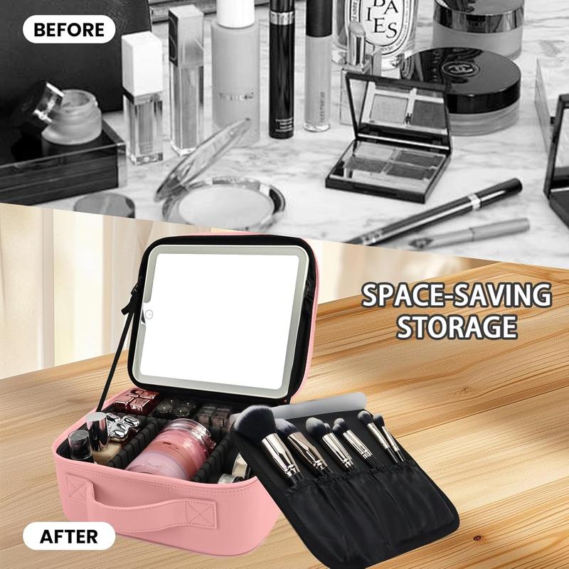 Makeup Case with LED Mirror,Makeup Organizer Bag Travel Makeup Case Large Makeup Bag With Rechargeable Mirror 3 Color Lights Detachable Mirror for Women Beauty Tools Accessories（Pink）