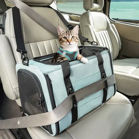 PETSFIT Soft-Sided Fabric Cat Carrier - Patented Buckles Keep Carrier Planted, Locking Zippers, Safety Tether, Escape-Resistant, Ventilation Mesh Panels, 12lb Capacity, Airline-Approved Under Seat, Easy-Carry for Daily Errands, Fleece Liner
