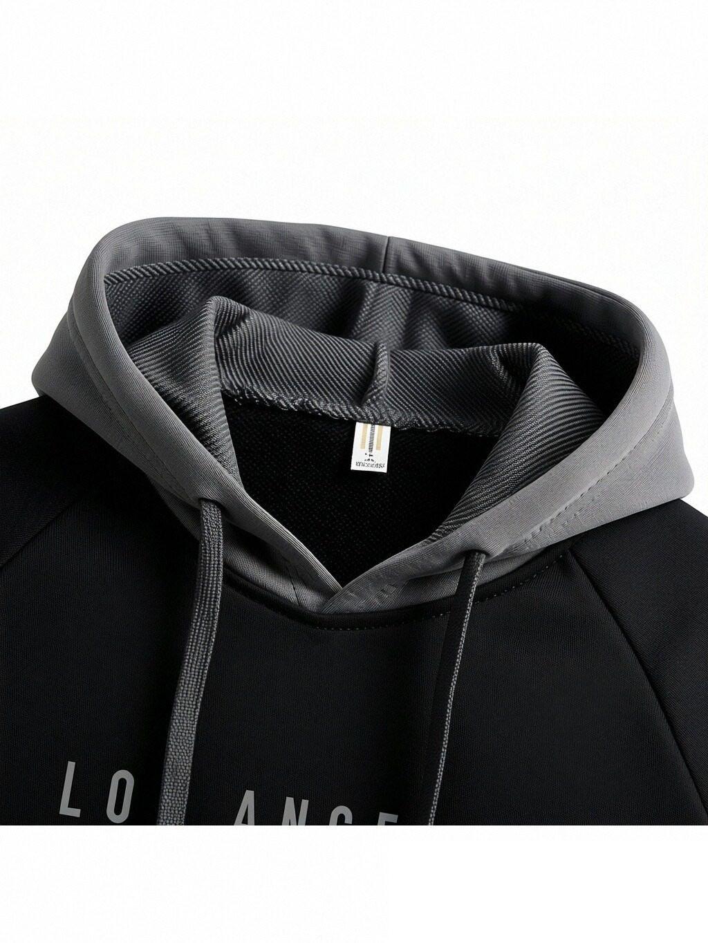 Men's Los Angeles Downtown Pattern Hoodie | Black and Gray Colorblock Pullover, Contrast Color Hood, Long Sleeve Letter Print, Soft Casual Sweatshirt, Suitable for Everyday, Street, Travel Wear