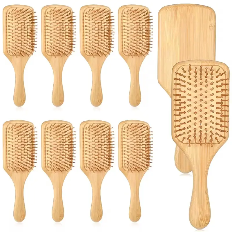 10pcs Bulk Bamboo Hair Brushes Suitable for Women & Men, Anti-Static Detangling Paddle Brush with Wood Bristles & Bamboo Handle, Gentle Scalp Massage for Normal Hair Care, Travel-Friendly for,, Gym, Daily Use