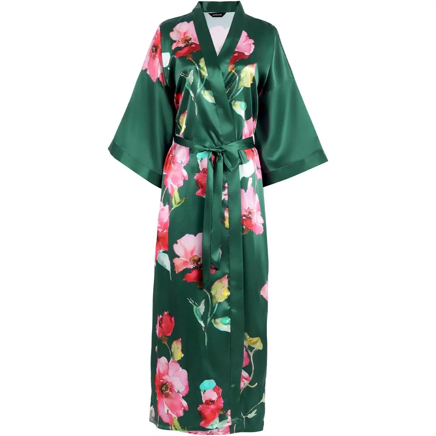 ESCALIER Women's Long Satin Floral Kimono Robe - Lady Style Wrap Bathrobe Sleepwear with Pockets, Fits One Size, Available in Green, Black, White, Wine Red, Champagne