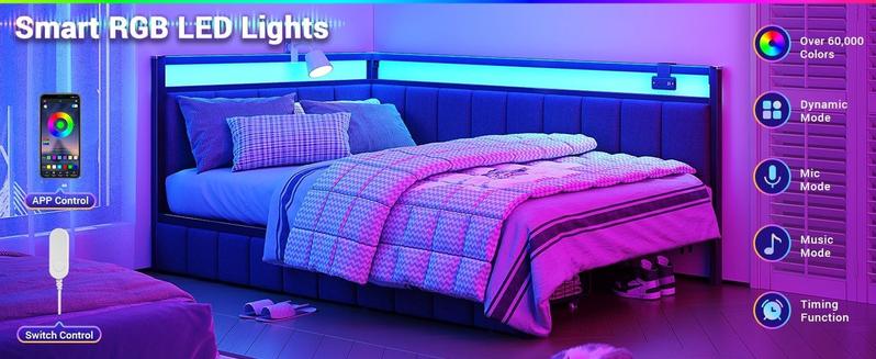 Sikaic LED Daybed with Line Fabric Upholstered Fence and Charging Station Gray Modern Corner Bed Frame with Storage Drawers Kids Bed Unit with LED Light