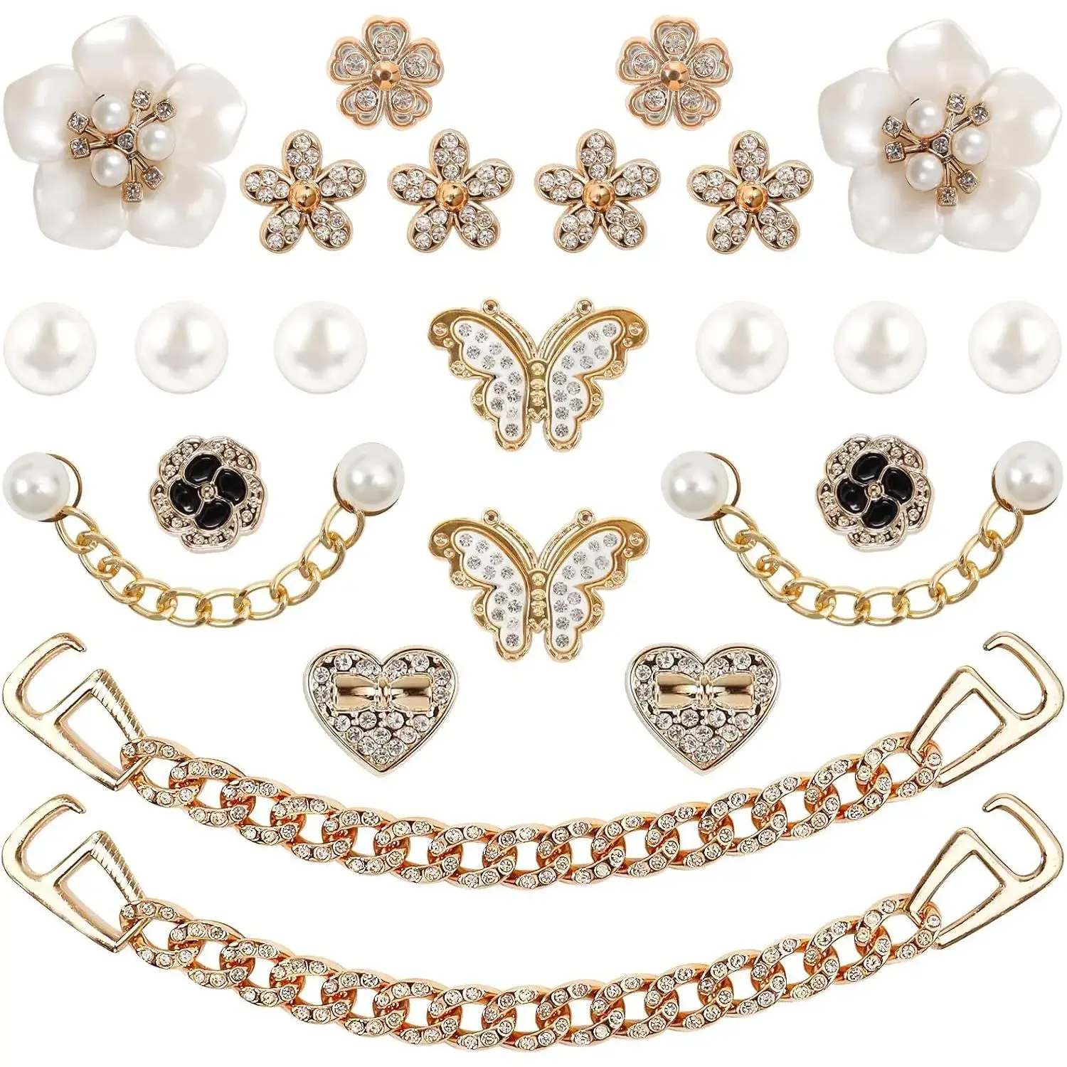 Women's 24-Piece Cute Elegant Sparkling Shoe Charms, Bling Pearl Flower & Rhinestone Chain Decorative Set, Lightweight Plastic Accessories Only For Perforated Clogs, Shiny Party Decorations For Women