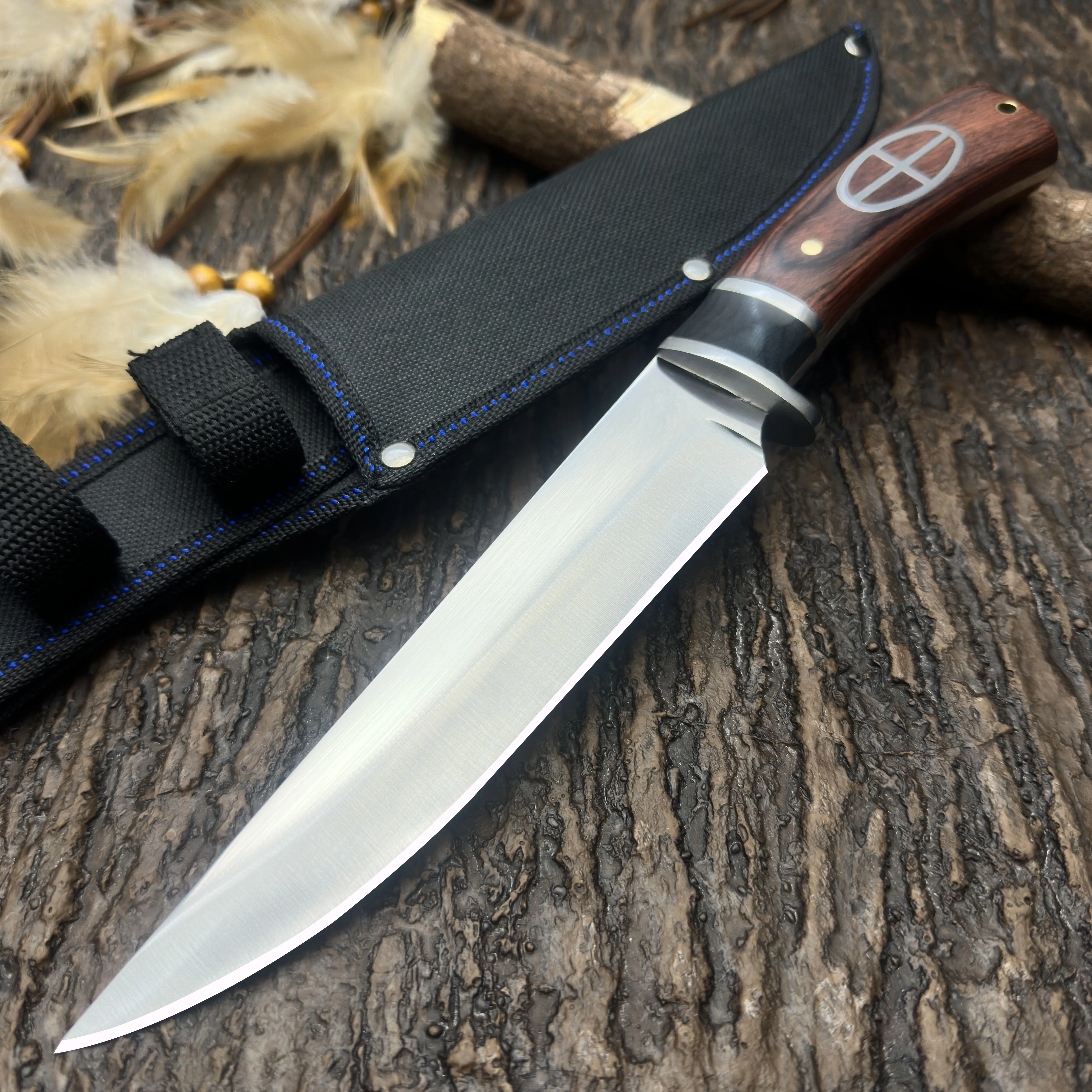 High-End Reddish-Brown Wooden Grip Outdoor EDC Knife - Non Slip, High-Hardness Brushed Metal Guard, Rust & Wear-Resistant Steel Blade, Sturdy, Portable for Camping-Picnic, Ideal Gift with Straps, Kitchenware Essential, Outdoor Knives, Knives