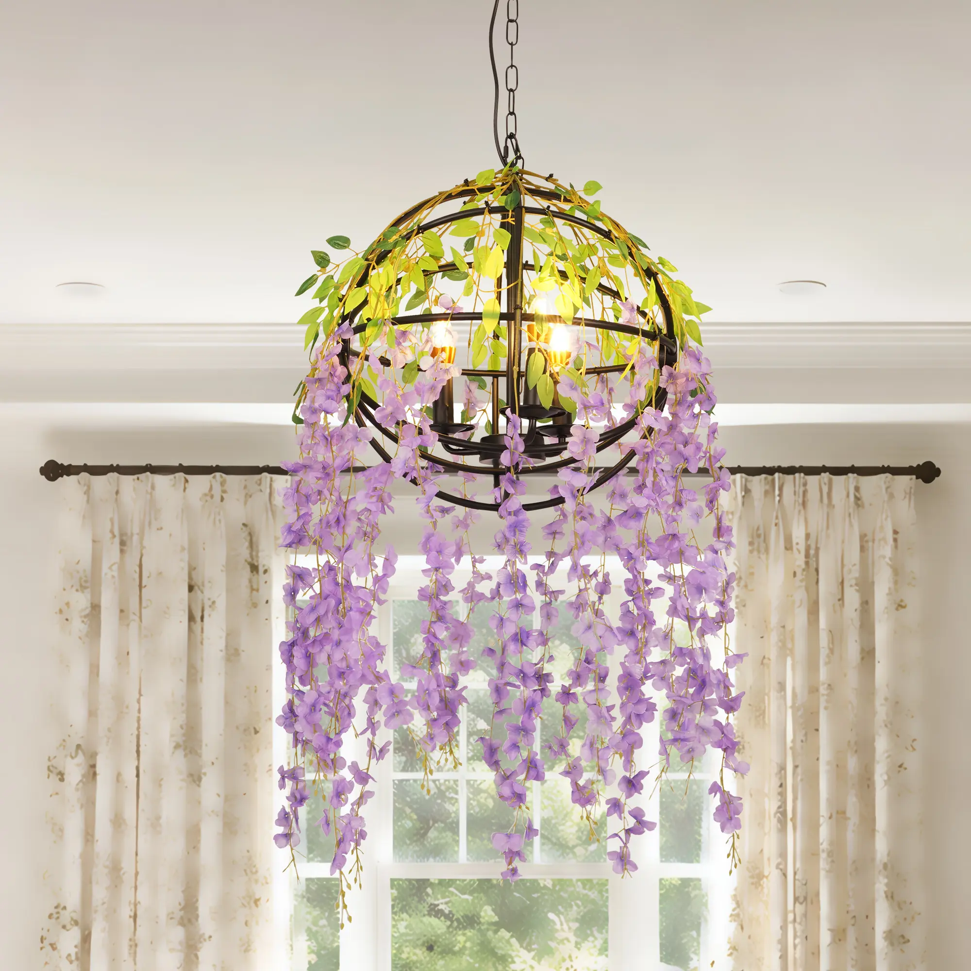 16.5 Inch Black Metal Globe Cage Plant Pendant Light, Artificial Purple Wisteria Floral Hanging Lamp, 3 × E14 Warm Light Industrial Ceiling Light for Bar Cafe Restaurant Decor