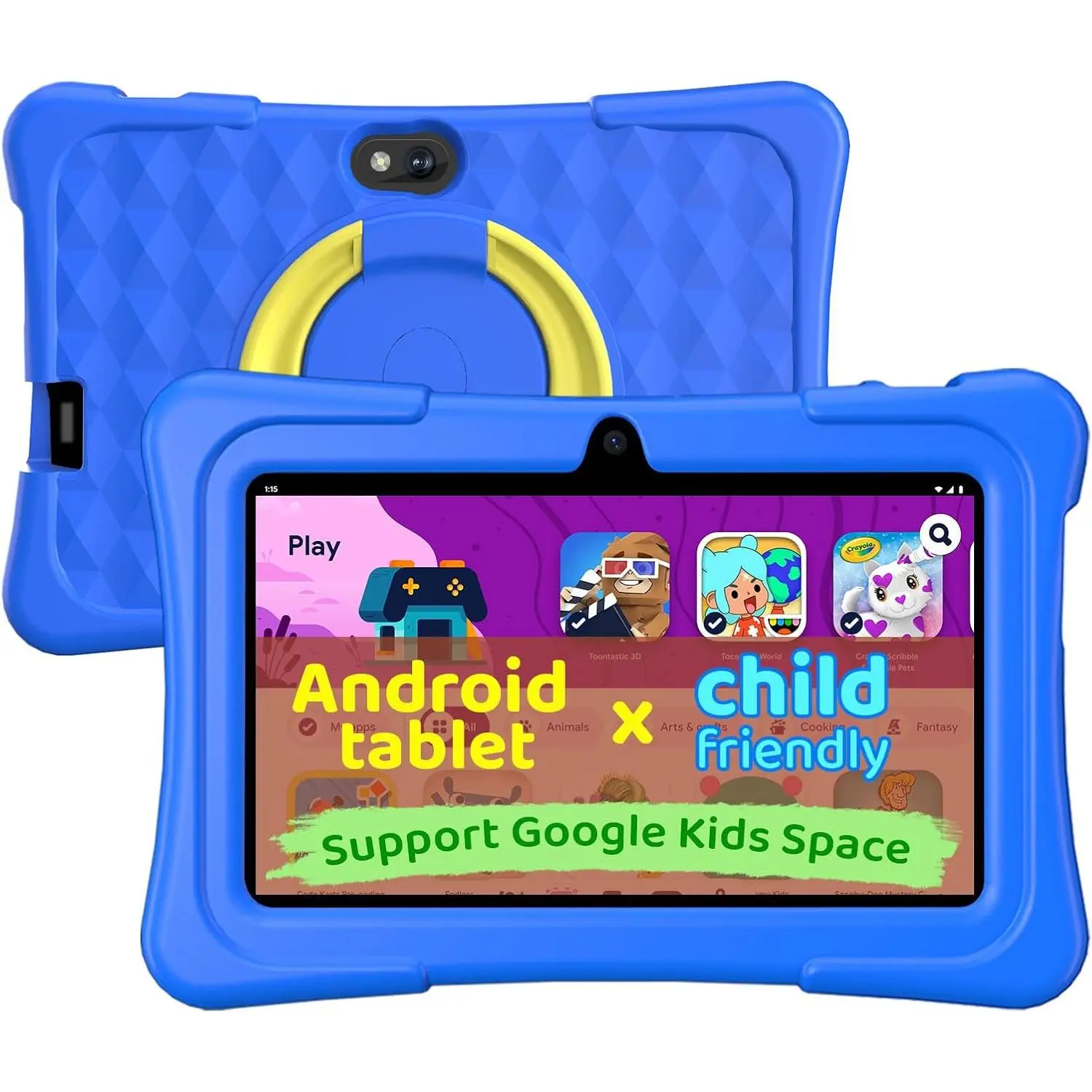 , 7 inch Android Tablet for Kids, 6GB+32GB 1TB Expand, Quad-Core Toddler Tablets with Shockproof Case, BT5.0, WiFi 5, Parental Control, Games, Dual Camera (Blue)