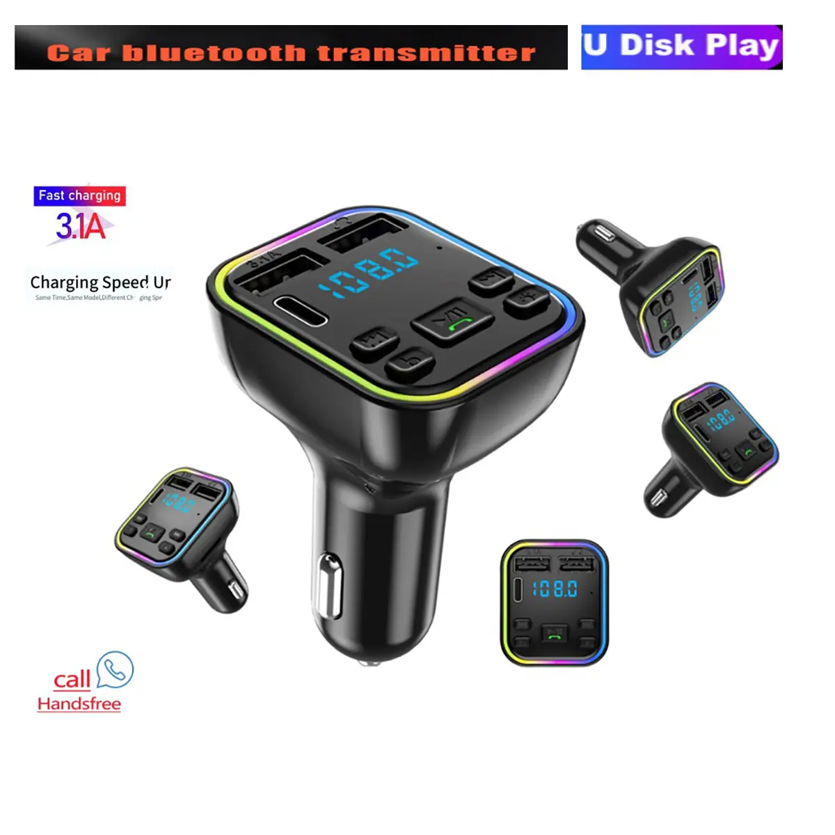 Bluetooth 5.3 FM Transmitter for Car – PD/USB-C Fast Charger, Hands-Free Calling, Supports TF Card & USB Drive, Lossless Audio Sync