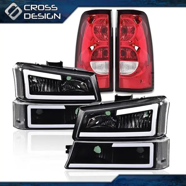 CROSSDESIGN LED DRL Headlamps Complete Set - 1 Pair Vehicle Headlights + Tail Lights + Bumper Blinker Lights, Direct Bolt-In Plug-N-Play Car Lighting Replacement Accessories for 03-07 Silverado Models Exterior Upgrade Assemblies