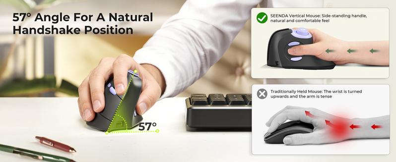 Seenda Ergonomic Mouse Rechargeable, USB+Dual Bluetooth, MOU-302 Vertical Wireless Mouse with Volume Knob, Quiet Clicks, Multi-Device Cordless Mice Compatible for Windows, PC Accessories , Laptop, Mac OS for Work