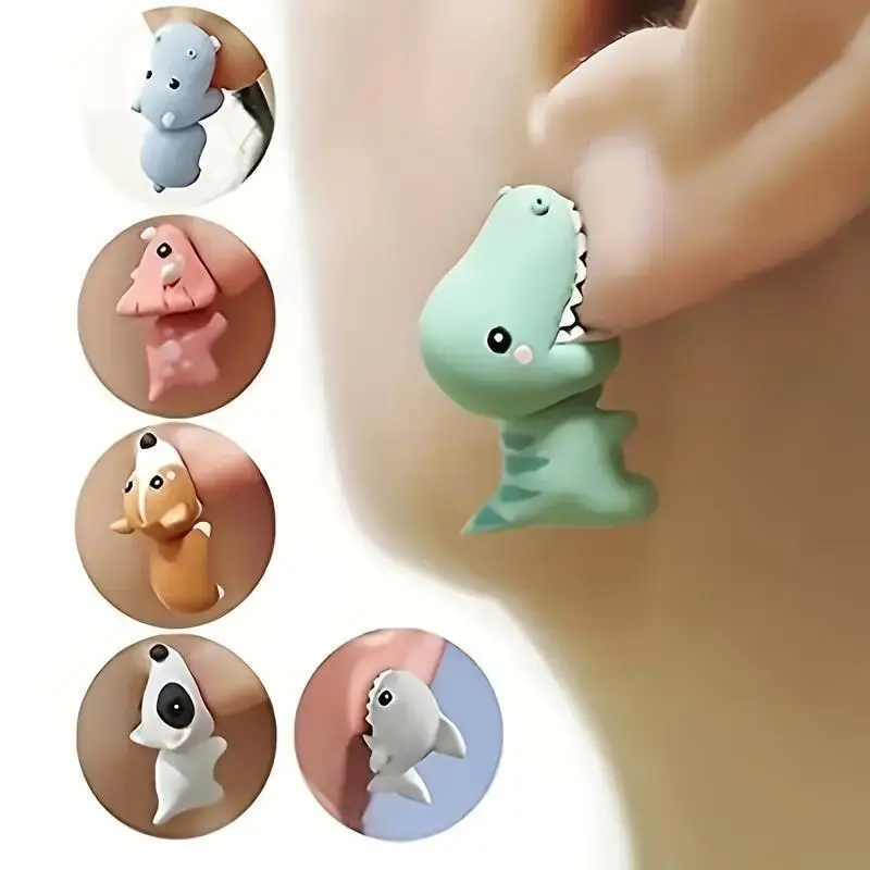 Women's 14-Piece Resin Cute Animal Shape Clay Earring Set - Dino-Puppy-Whale Earring Designs, Dinosaur Motifs, Daily Hanging Home Decor, Fun Gifts for Women
